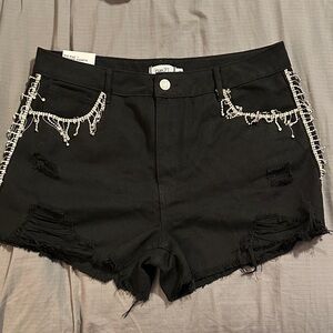 Rue21 Black Distressed Denim Shorts with Diamonds Chain Accent Size 16